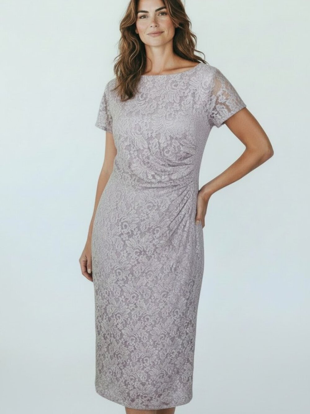 Oleg Cassini Dress Womens Size 16 Glitter Lace Sparkly Champagne Ruched Side